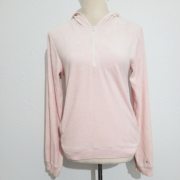 TOMMY HILFIGER Pink Velour Pullover 1/4 Zip Hoodie Sweatshirt Womens Large - Picture 2 of 9